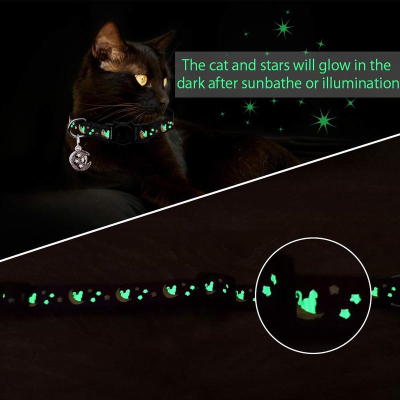 Baeuppit 2Pcs Breakaway Cats Collars Cat Collars for Boy & Girl Cats Moons Adjustable Kitten Collars with Bell & Pendant Glow in The Dark,Black+Pink - Image 4